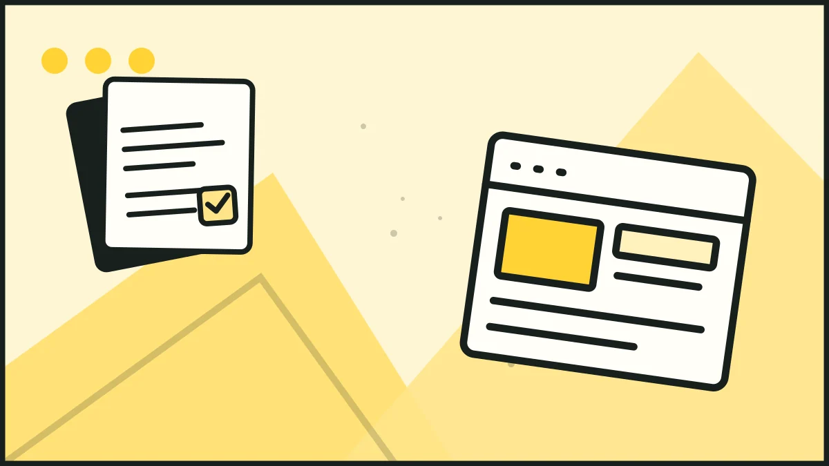 A website wireframe beside checked proposal sheets, illustrating editorial standards.
